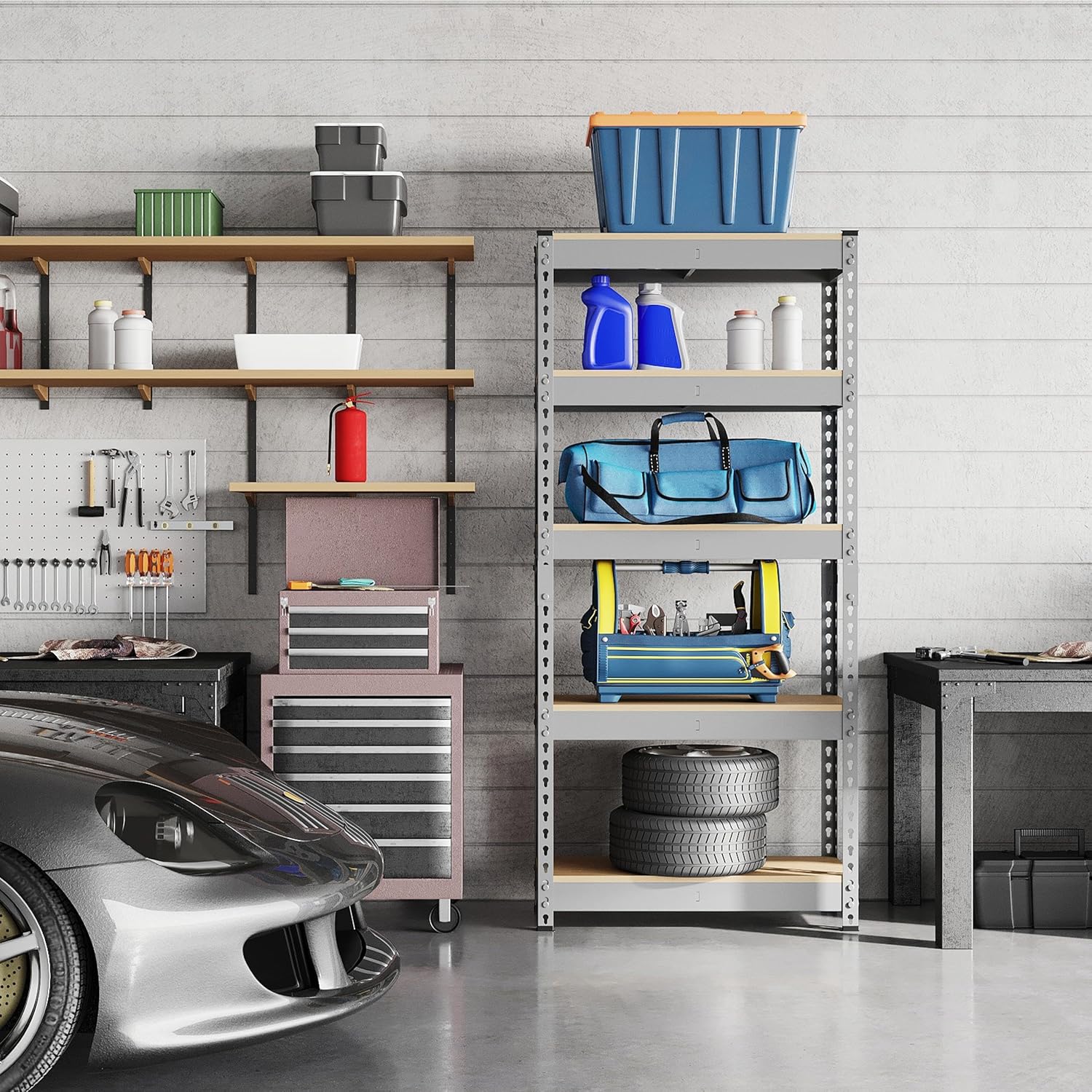 Yaheetech 5-tier shelving unit in a garage setting, holding various tools, supplies, and tires.