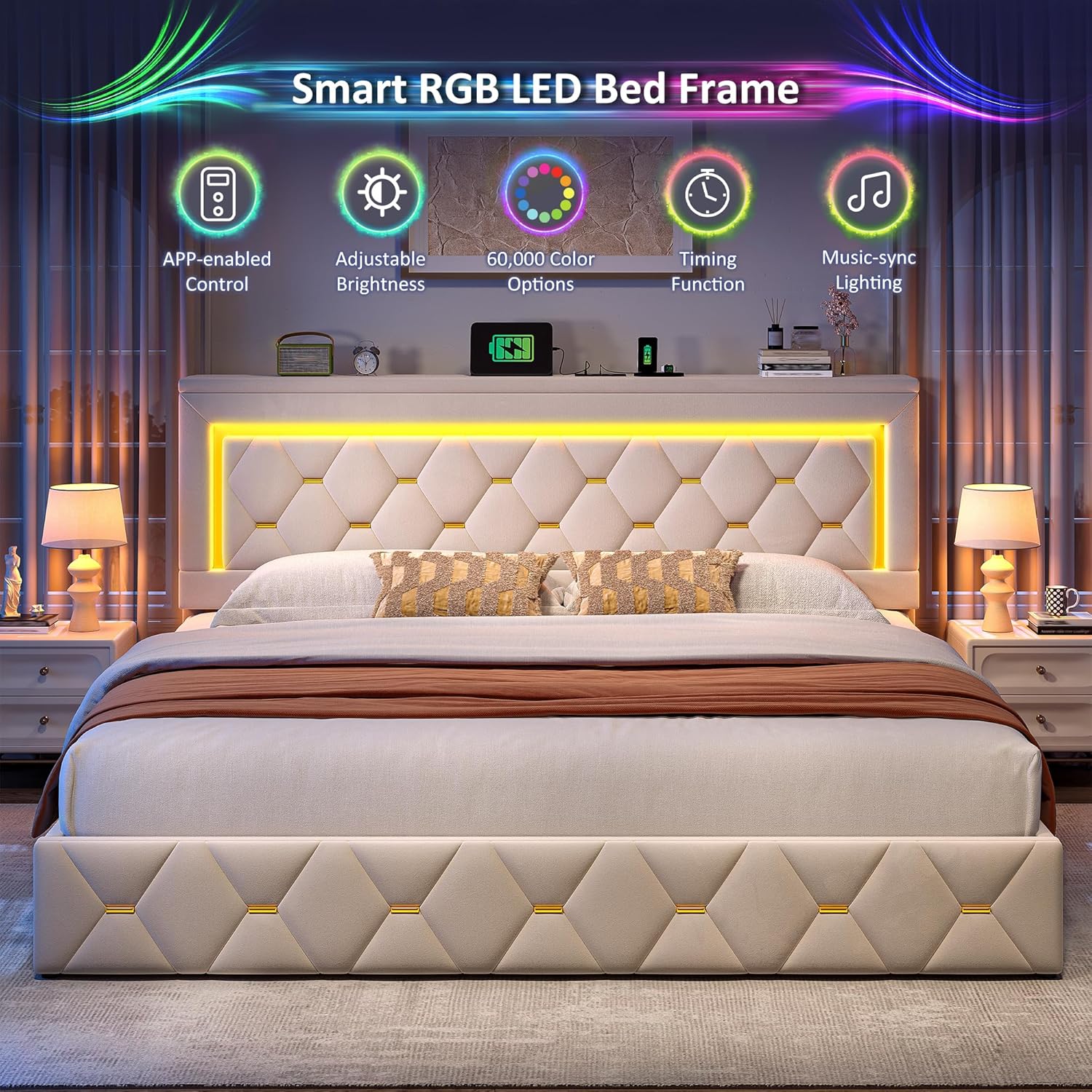 Homkdom King Size Bed Frame with 4 Storage Drawers & Adjustable Tall Headboard,Soft Velvet King Bed Frame with Smart LED Lights & Charging Station,1100LB-Heavy Duty Metal Support, Modern,Beige