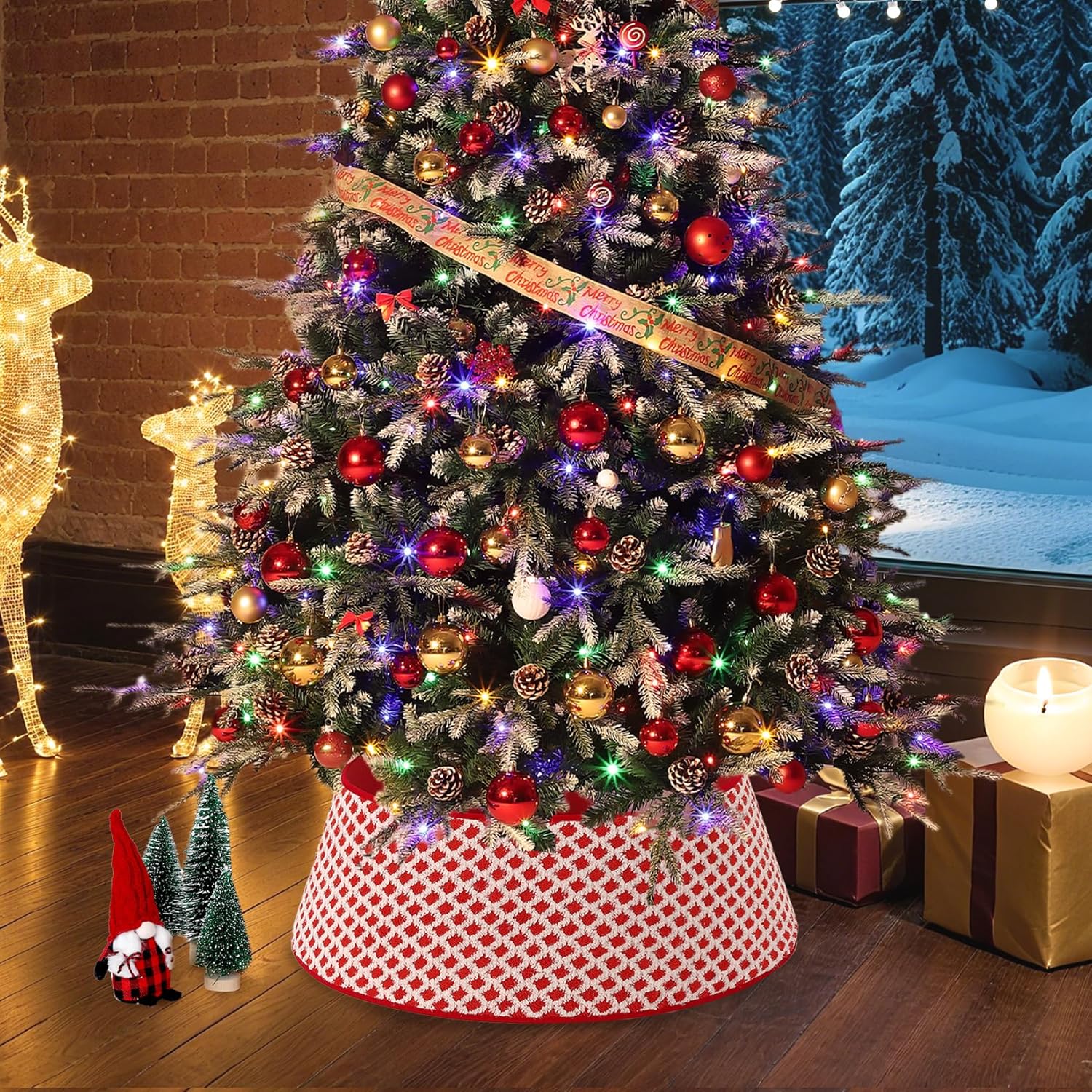Garvee ﻿33 Inch Christmas Tree Collar Holiday Party Decoration, Diamond-Grid Design Plush Christmas Tree Skirt with 2 Matching Clips, Holiday Home Decor Stand Base Cover, Red