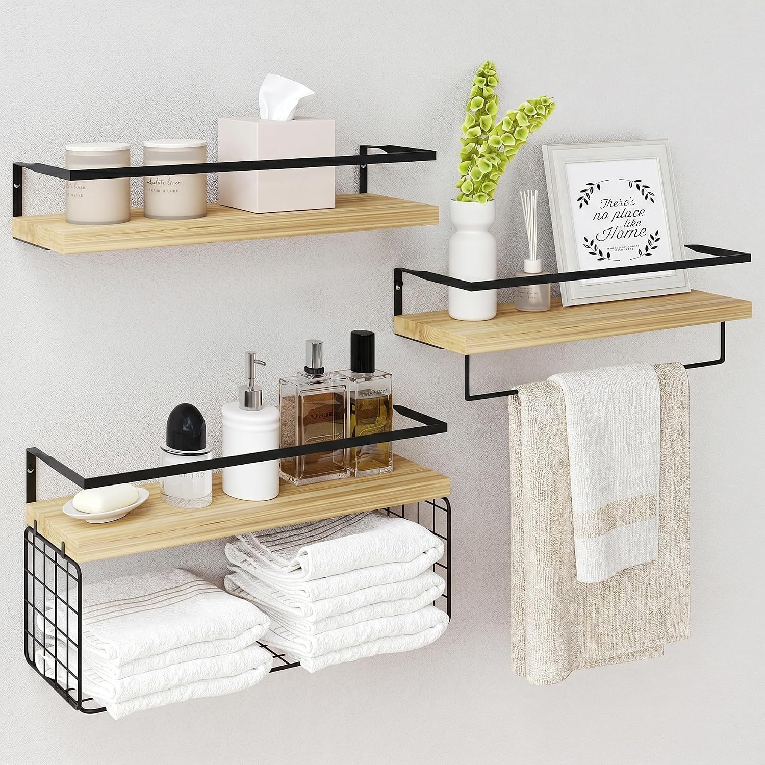 Wood Floating Shelves Wall Mounted - 3+1 Tier Rustic Bathroom Wall Shelves Over Toilet with Wire Storage Basket and Towel Bar, Set of 4 Farmhouse Floating Shelf for Bathroom, Kitchen, Bedroom.
