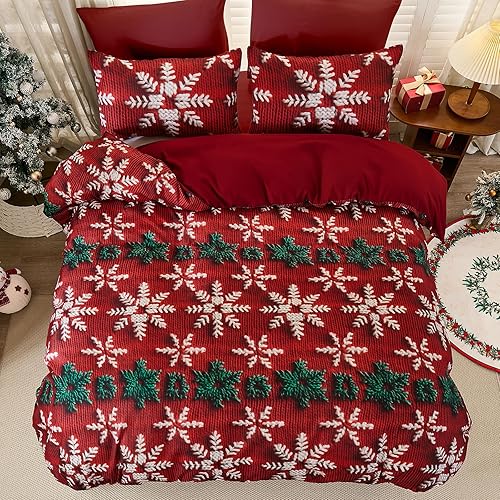 Miniatura 10 de Juego de funda de edredón de Navidad, diseño de copos de nieve de reno, juego de ropa de cama de microfibra suave con 2 fundas de almohada para