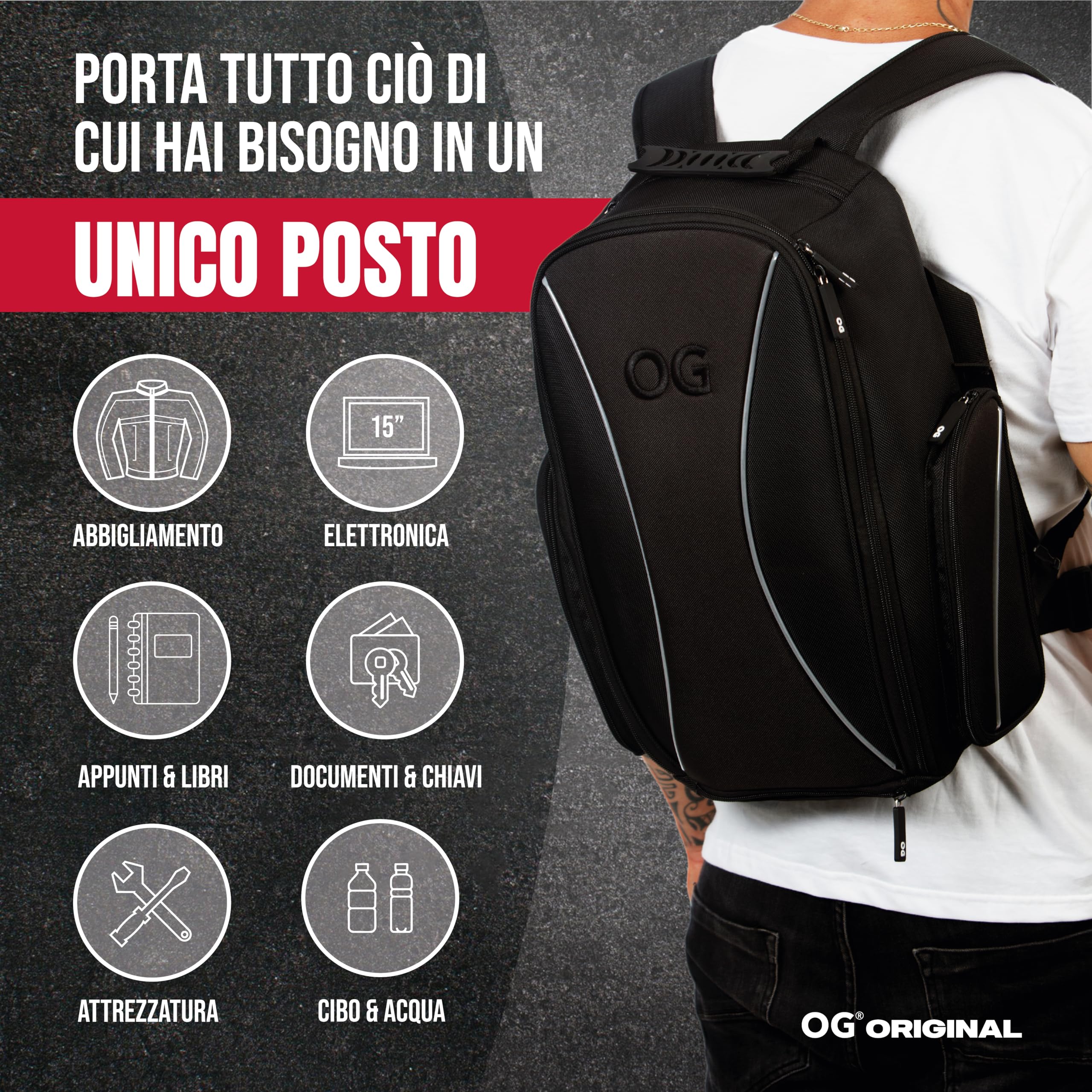 OG Original Zaino Moto GO Nero Impermeabile 20L, Borsa Porta-Casco Moto, Cinghia per Casco, Ciclismo, Uomo, Portatile, Rifrangente, Antifurto, Zaino Compatibile Ryanair