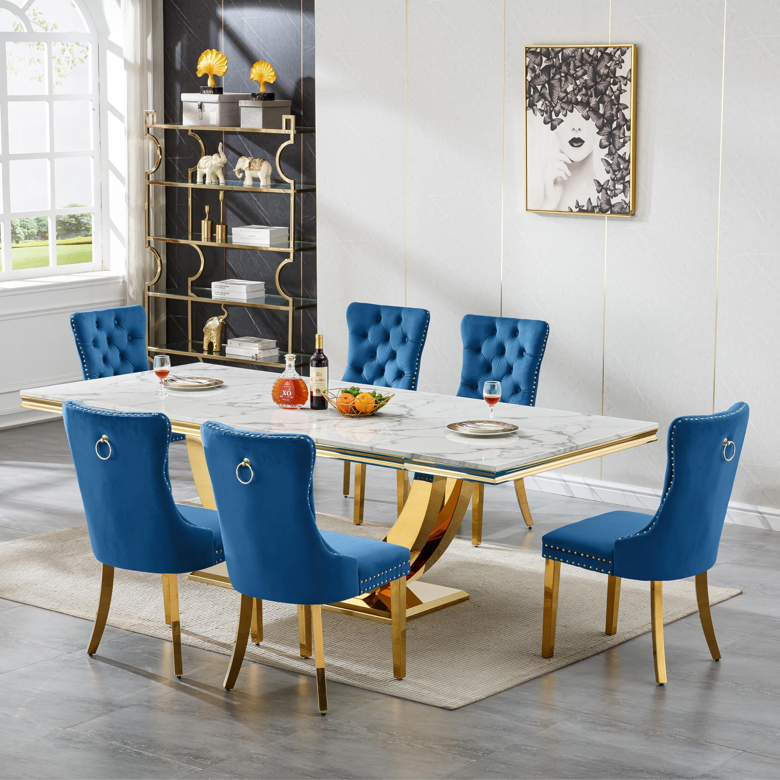 94.5" Large Marble Dining Table Set for 6, Luxury White Gold Kitchen Table with 6 Blue Velvet Dining Chairs, Modern Fuax Marble 7-Piece Dining Room Table Set for 6 w/Stainless Steel U-Base