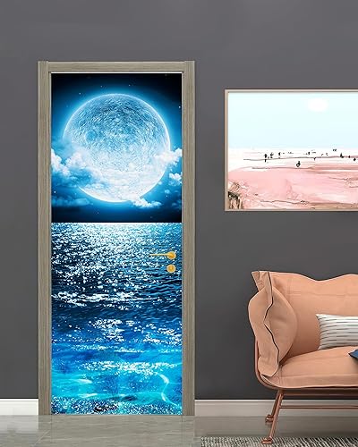 Miniatura 5 de FLFK Adhesivo mural para puerta, luna oceánica, despegar y pegar, tamaño combinado 32 x 80 pulgadas, dividido en 2 piezas