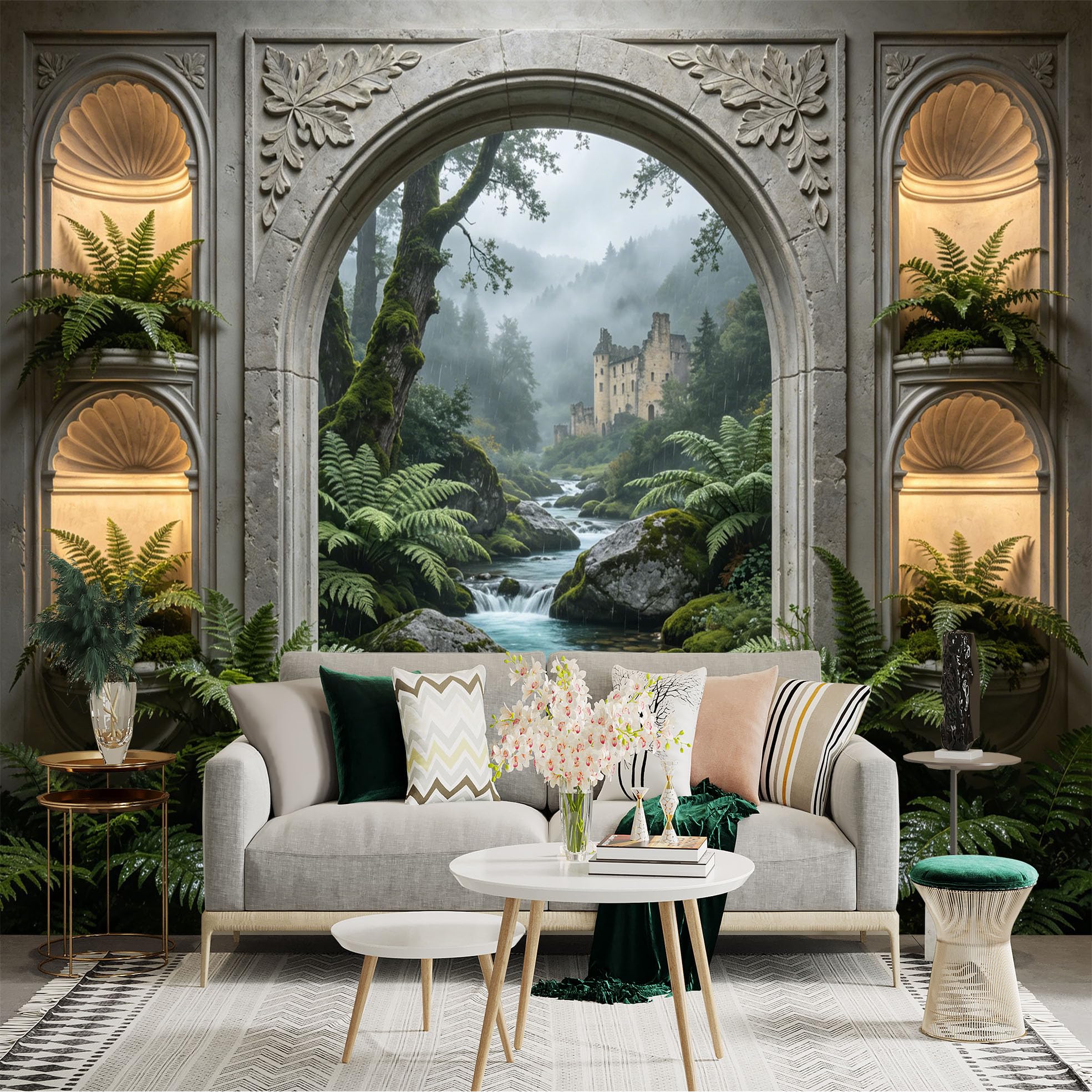Lnzczhyre Dbh260521012 Custom Size Wall Sticker Mural， Ancient Stone Castle Window View， Mossy Forest River， Lush Fern Foliage， For Wall Decoration， Peelandstick Wall Decals.