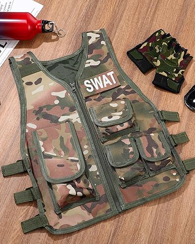 Miniatura 7 de SATINIOR Chaleco táctico para niños, chaleco de combate del ejército al aire libre con medio dedo, guantes cortos transpirables