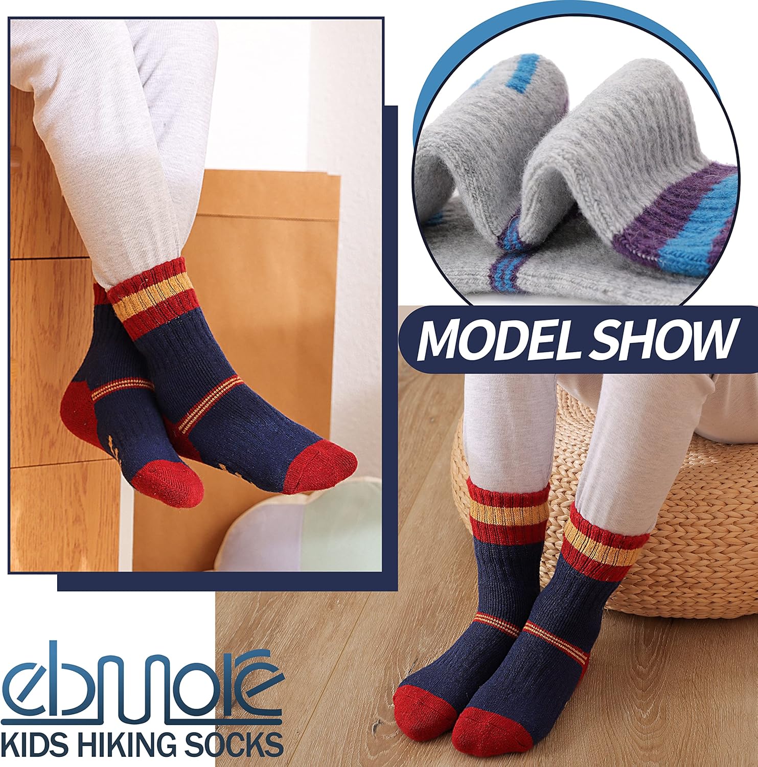 EBMORE Kids Merino Wool Hiking Socks Thermal Winter Warm Thick Boys Toddlers Girls Cushion Crew Socks 6 Pairs - Image 6