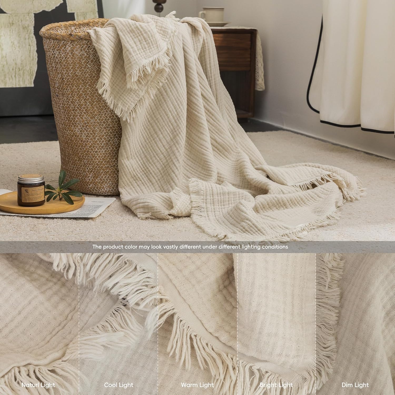 FOSSA Muslin Blanket with Fringe - 4-Layer 100% Cotton Gauze Super Soft & Breathable Throw -Lightweight Decorative Cooling Blanket for Bed, Sofa, Office (Beige, King (104" × 90")) - Image 3