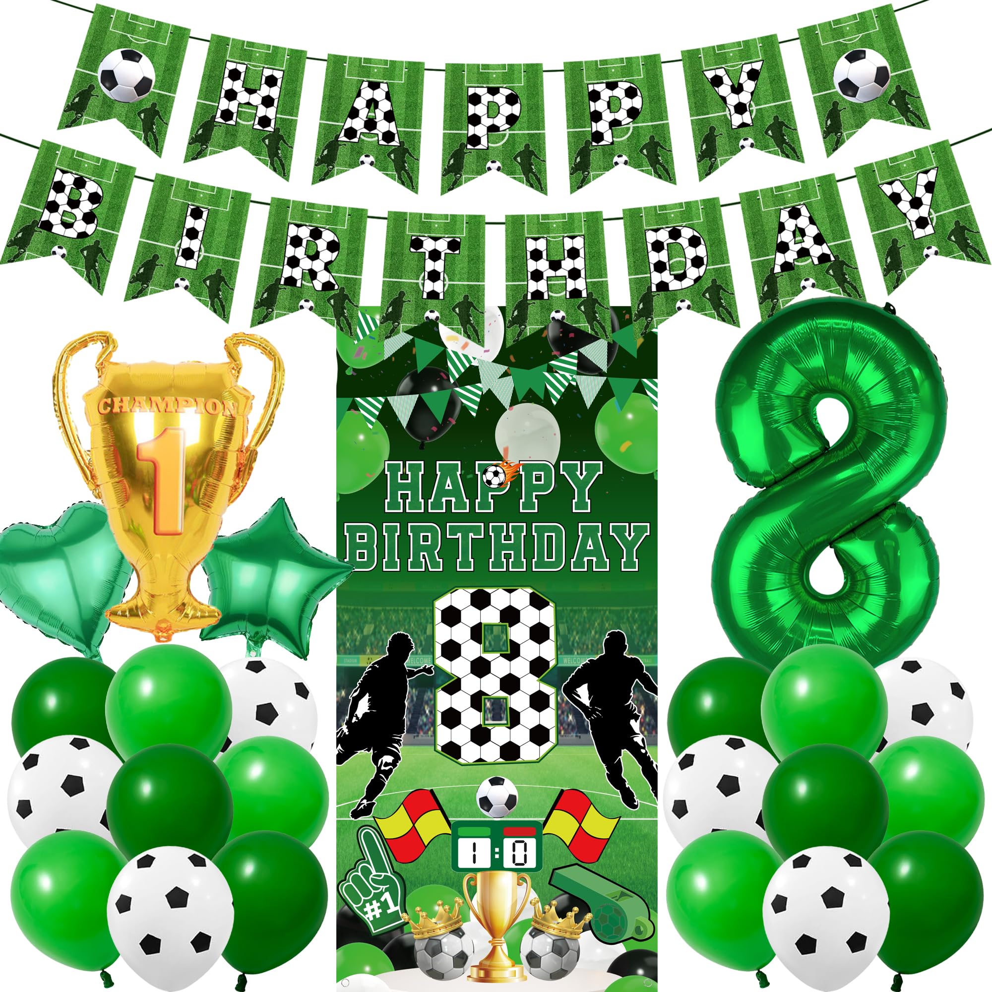 8th Birthday Football Party Decorations - 25 Pcs Green Football 8th Set