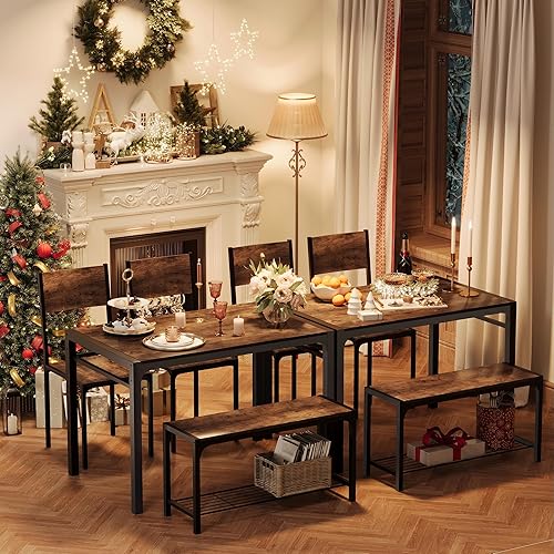 Miniatura 3 de Juego de 3 mesas de comedor extensibles de 63 pulgadas para 4-6 personas con 2 bancos, mesa de cocina moderna de mediados de siglo para espacios