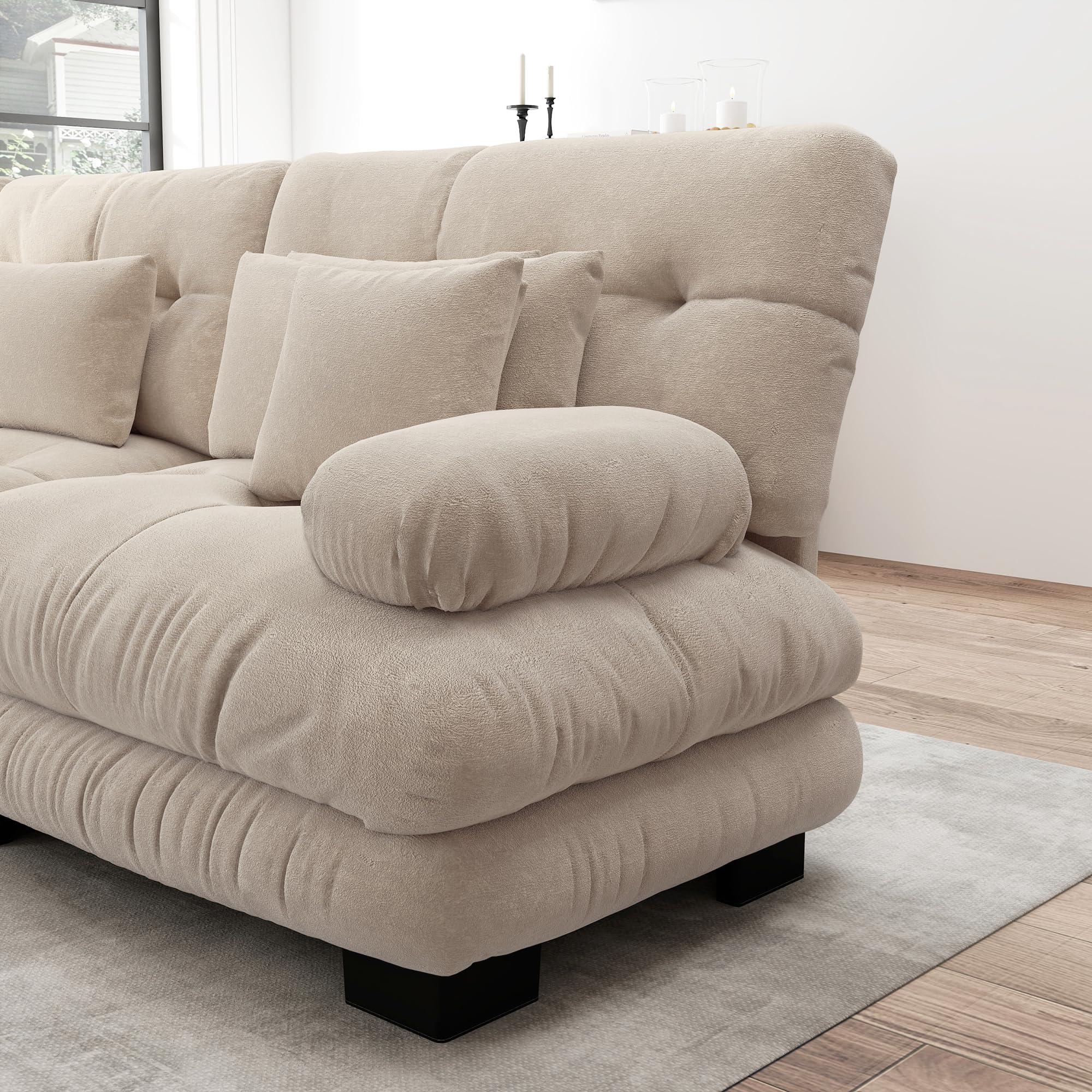 Divano angolare modulare, set divano a forma di U per soggiorno, 4 posti, comodi divani cloud con pouf mobile, combinazione fai da te, caffè leggero, ciniglia marrone chiaro