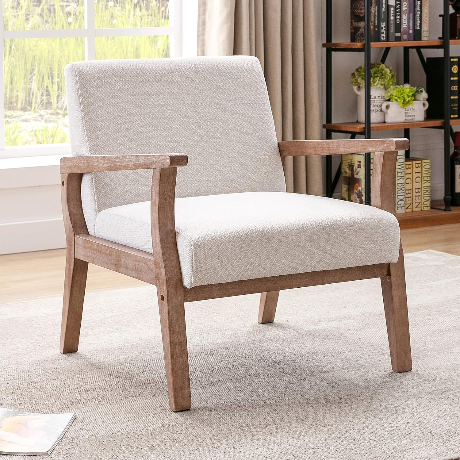Mid Century Modern Accent Chairs Set of 2 Linen Upholstered Armchairs Comfy Living Room Chairs Single Fabric Lounge Chairs Reading Chairs with Natural Solid Wood Frame, Beige