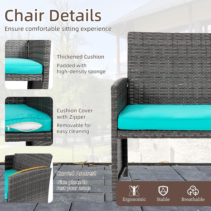 4 Piece Patio Ratten Set Outdoor Furniture Set Wicker Conversation Sets with Cushions and Tempered Glass Tabletop,Blue image 4