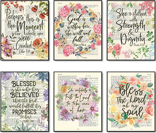 She Set of 6 - Proverbios 3125, Ester 414, Salmo 465, Salmo 103.1, Lucas 145, Salmo 1127, impresiones artísticas de página de versículos bíblicos