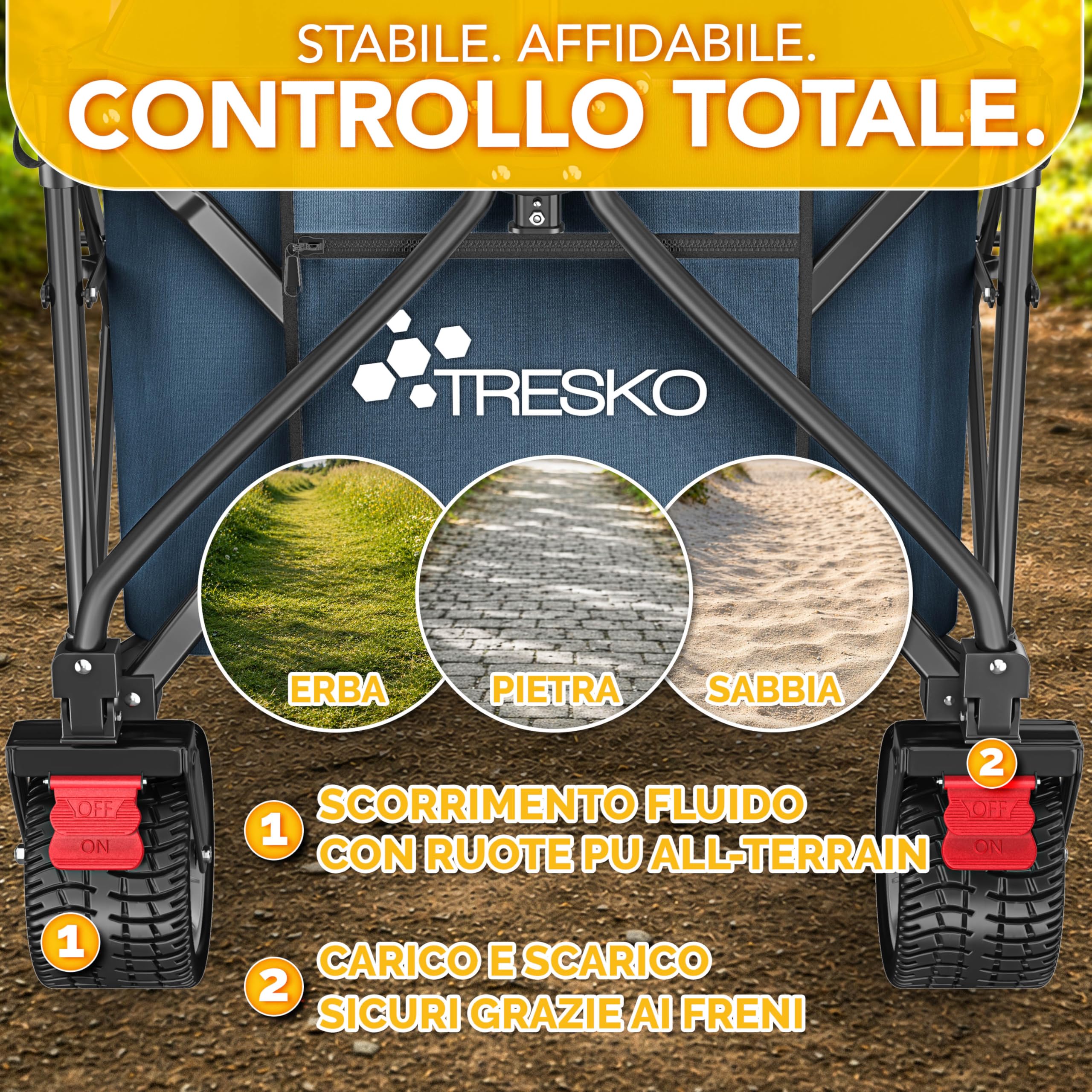 TRESKO® Carrello pieghevole da 300 l con freno, carrello pieghevole da 150 kg con pneumatici in gomma piena, pieghevole, extra large, ruote per il trasporto con borsa per il trasporto (blu)