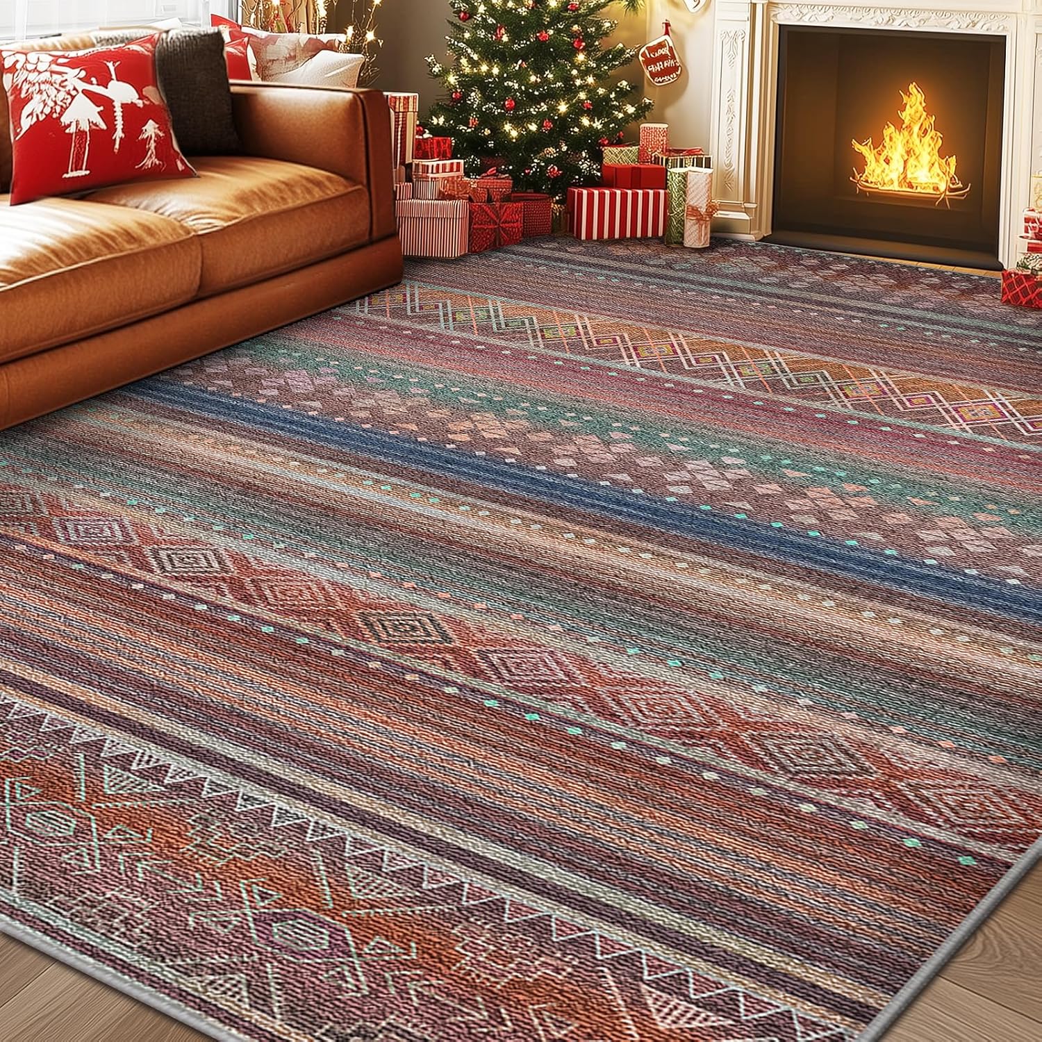 BESTSWEETIE 8x10 Area Rugs for Living Room Washable Moroccan Farmhouse Neutral Geometric Low Pile Non-Slip Soft Print Pattern Rug for Bedroom Kitchen Dining Room Entryway Colourful/Multi