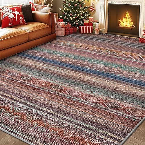 BESTSWEETIE 8x10 Area Rugs for Living Room Washable Moroccan Farmhouse Neutral Geometric Low Pile Non-Slip Soft Print Pattern Rug for Bedroom Kitchen Dining Room Entryway Colourful/Multi