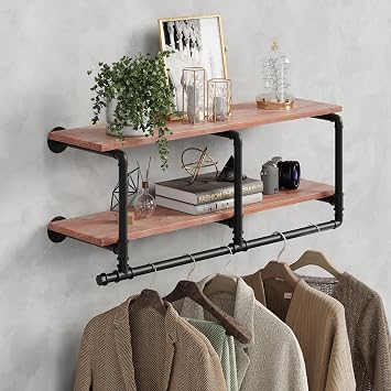 Industrial Pipe Clothing Rack with Top Shelf, Space-Saving Wall Mounted Clothes Rack 2 Tiers, Shelf with Hanging Rod for Closet Storage, Laundry Room. 2Tier, Brown
