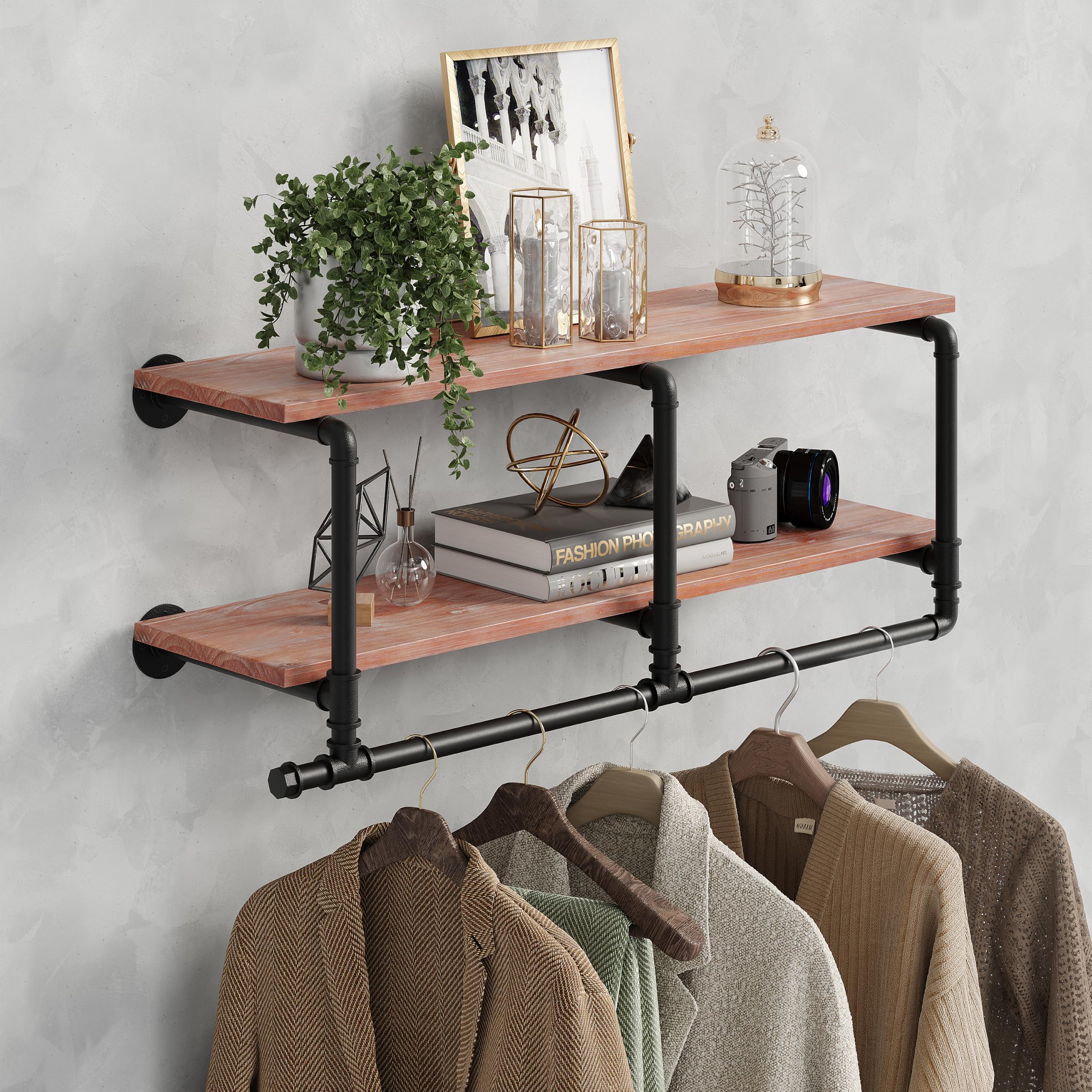 Industrielle Rohr-Kleiderständer mit oberem Regal, platzsparende Wandmontage, 2 Ebenen, Regal mit Kleiderstange für Schrankaufbewahrung, Hängeregal Waschküche (2 Ebenen, Braun) Küche, Haushalt & Wohnen