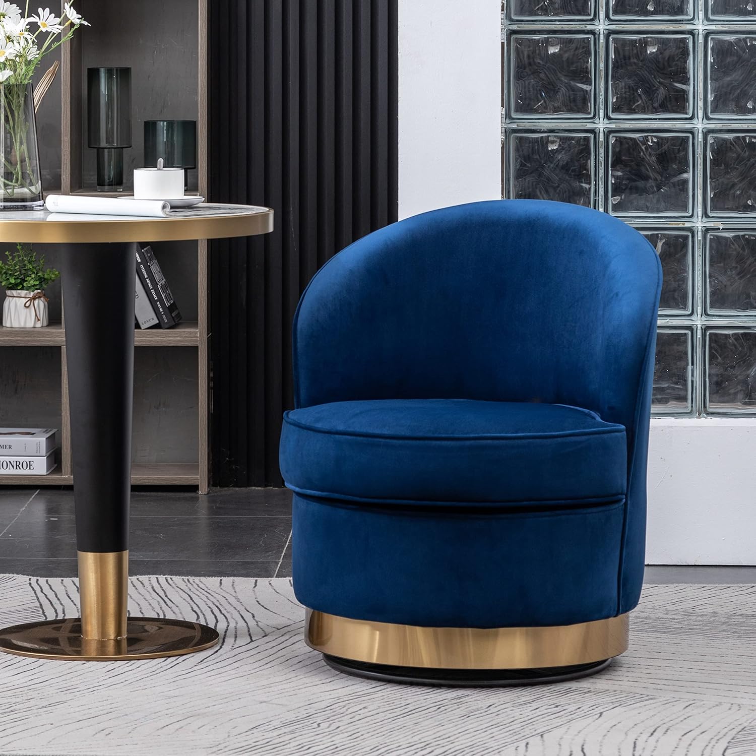 Roundhill Furniture Wania Blue Velvet Swivel Accent Chair - Modern Glam with Plush Cushion & Gold Base