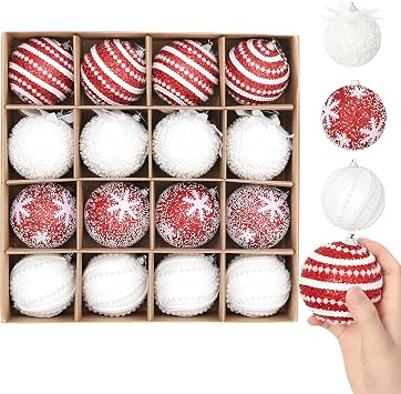 Christmas Tree Ball Ornament Set 16pcs 80mm/3.15inch Red White Glittering Shatterproof Foam Hanging Christmas Ball Ornaments for for Xmas New Year Birthday Home Party Supplies Red White