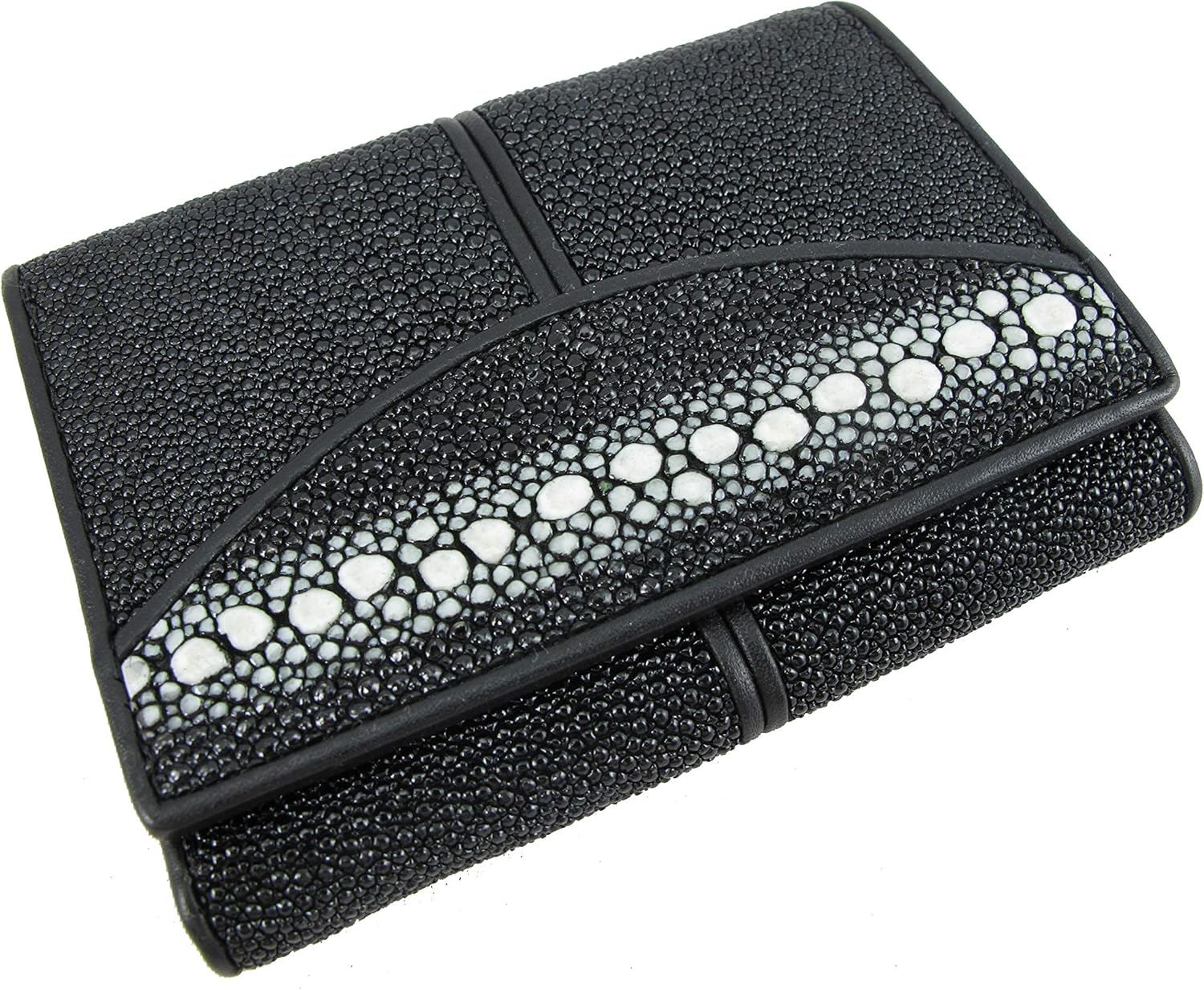 Genuine Row Diamond Stingray Skin Leather Trifold Wallet Black