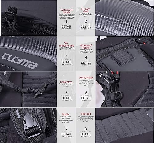 Miniatura 6 de Mochila de motocicleta impermeable con tira reflectante para casco de almacenamiento, soporte de fibra de carbono, carcasa dura de gran capacidad