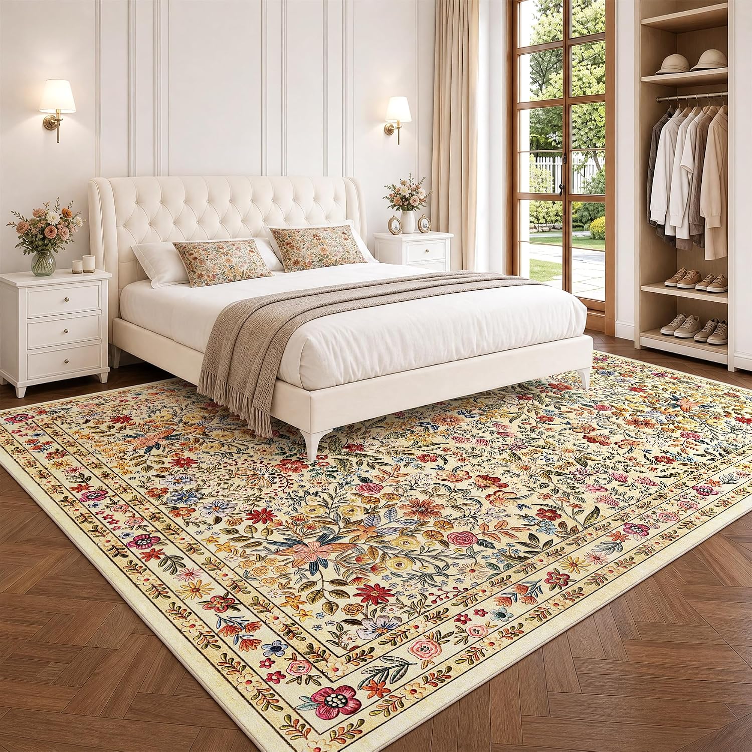 Beauoop 8x10 Floral Washable Beige Neutral Vintage Area Rug for Living Room | Low Pile Non Slip Soft Indoor Large Flower Boho Cottage Cream Traditional Country Dining Room Bedroom Thin Carpet Nursery