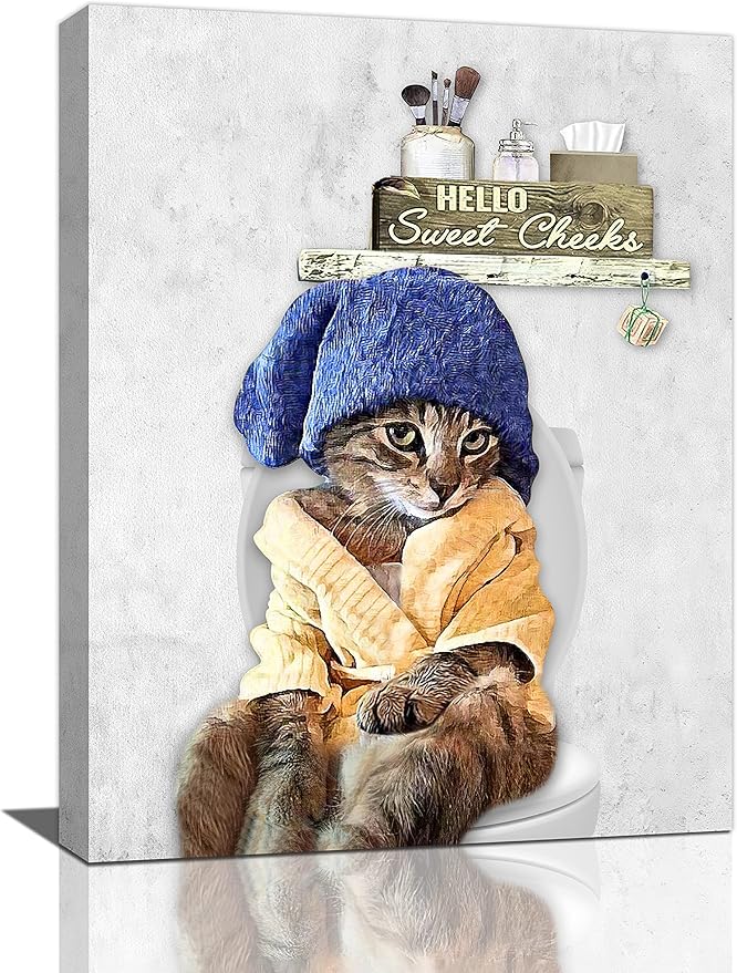 Funny Bathroom Cat Wall Art Bathroom Animal Cat on Toilet
