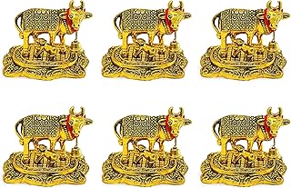 NOBILITY Pooja Items Diwali Gift Golden Small Kamdhenu Cow with Calf Metal Statue Decorative