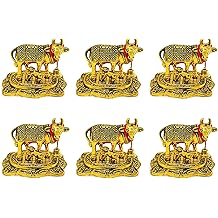 NOBILITY Pooja Items Diwali Gift Golden Small Kamdhenu Cow with Calf Metal Statue Decorative Item Showpiece for Home Office Decoration Wedding Return Gifts Pack of 6