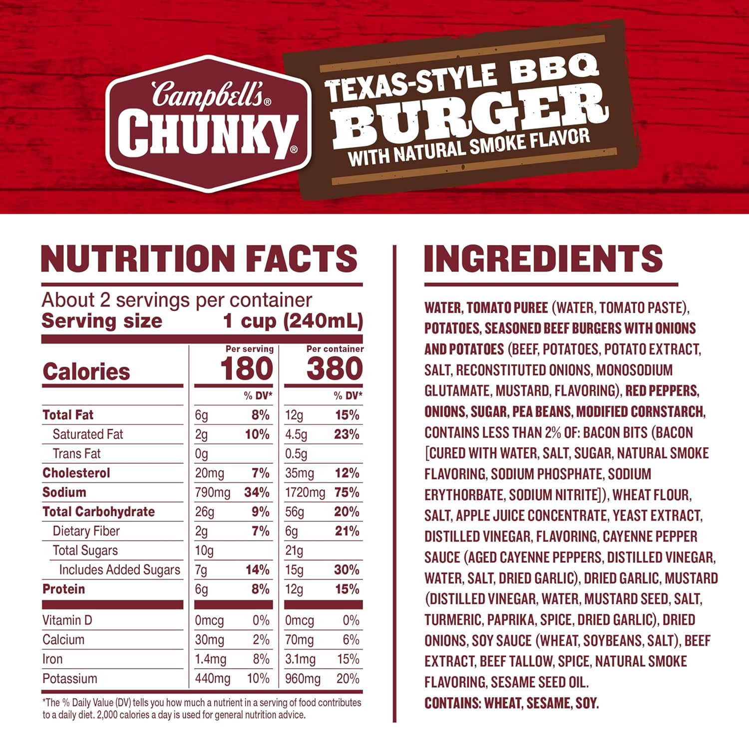 Campbell's Chunky Texas-Style BBQ Burger with Natural Smoke Flavor Soup, 18.8 oz Can (Pack of 12)