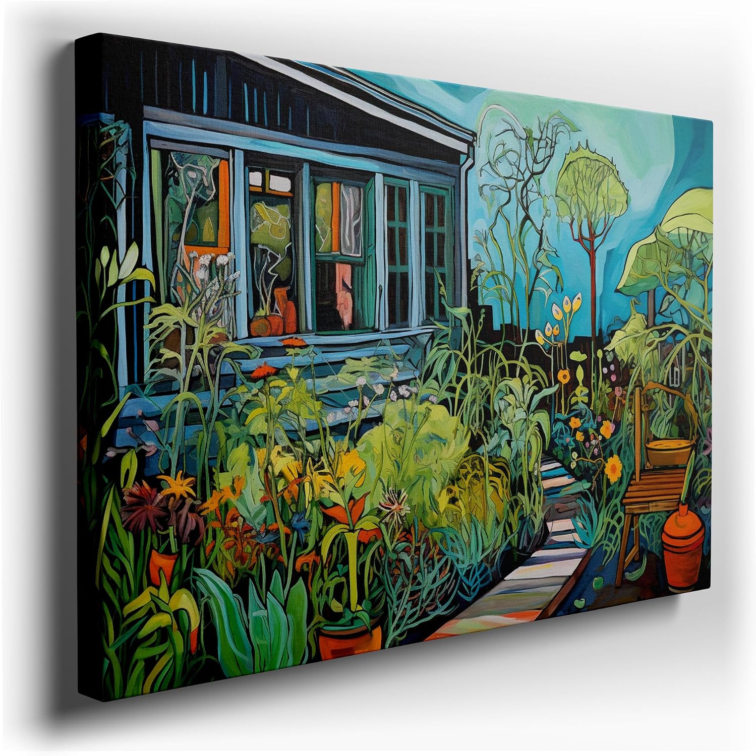 Canvas for Living room. Serene Garden Sanctuary: Where Nature's Palette Unfolds Outside the Blue Haven, 27 x 18 inch Canvas Wall Art - Ready to Hang - 69x46 cm (27x18 inch)