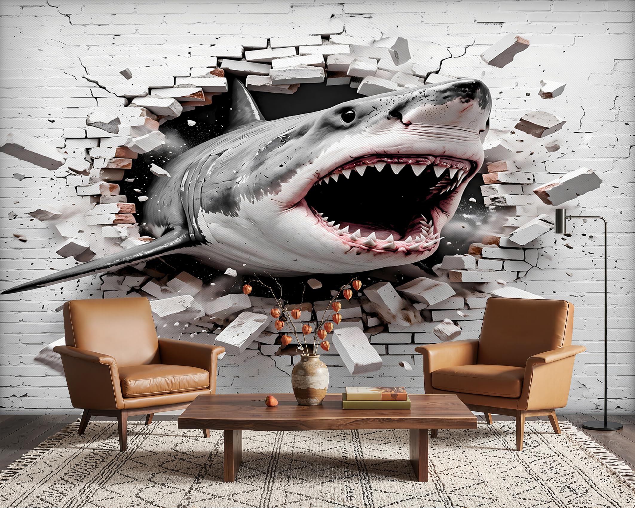 PaxGloz Shark Wall Mural, 3D Brick Wallpaper for Living Room & Bedroom, Non-Woven Decorative Wall Art 350x256 cm