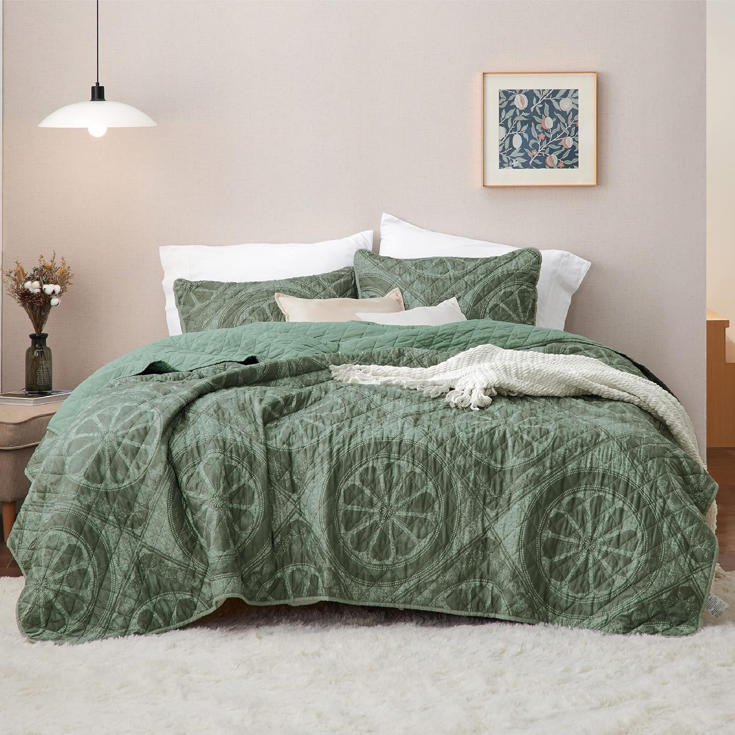 Bedsure Reversible Quilt Set Queen Size, Vintage Botanical Bedspread Bedding All Season, Lightweight Cozy Coverlet with Floral Pattern Stitching - Iceberg Green