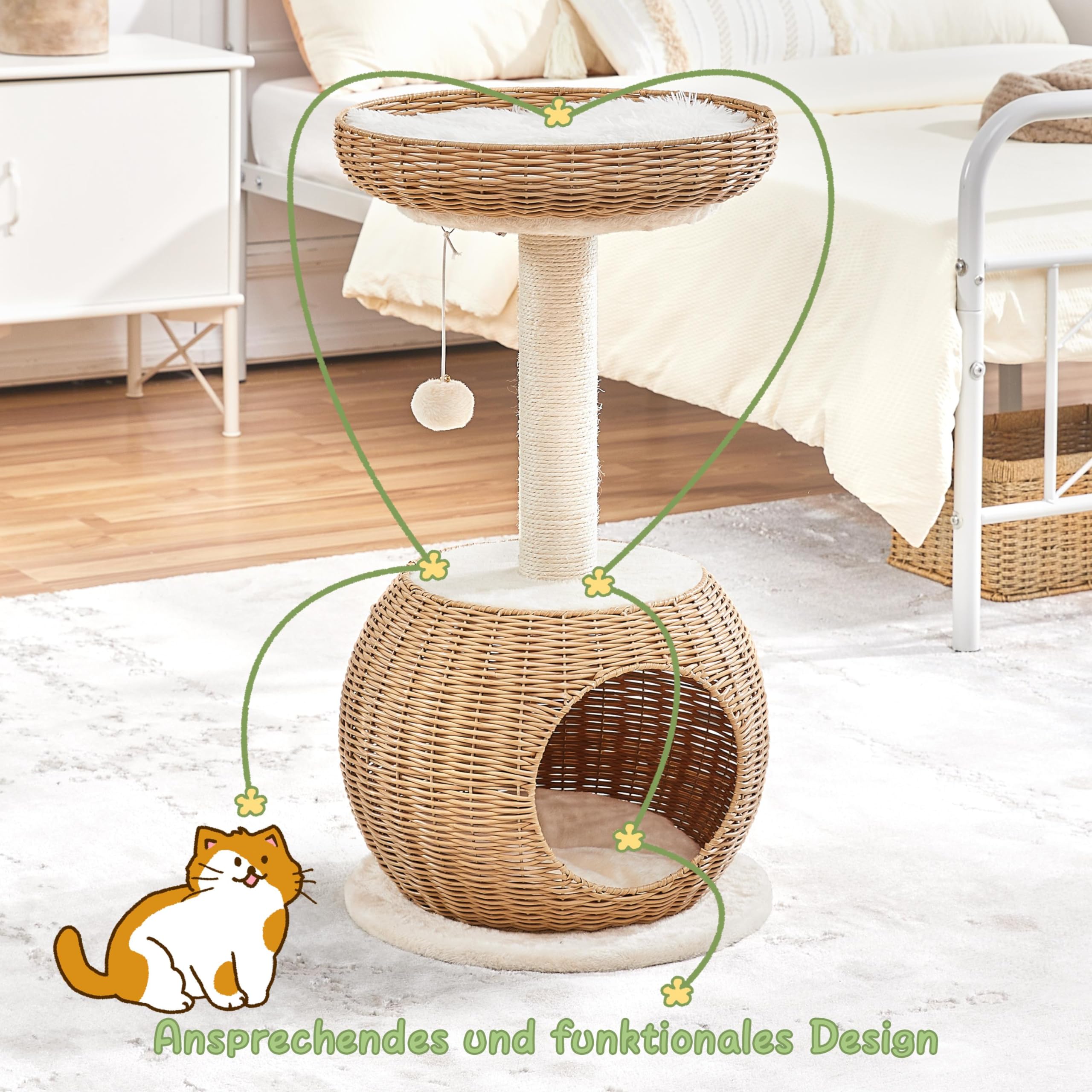 Yaheetech Kratzbaum Ratten Kletterbaum für große Katze, Stabiler Katzenkratzbaum mit Katzenhöhle Plüschball Katzenkorb Sisal Katzenmöbel 75 cm Beige