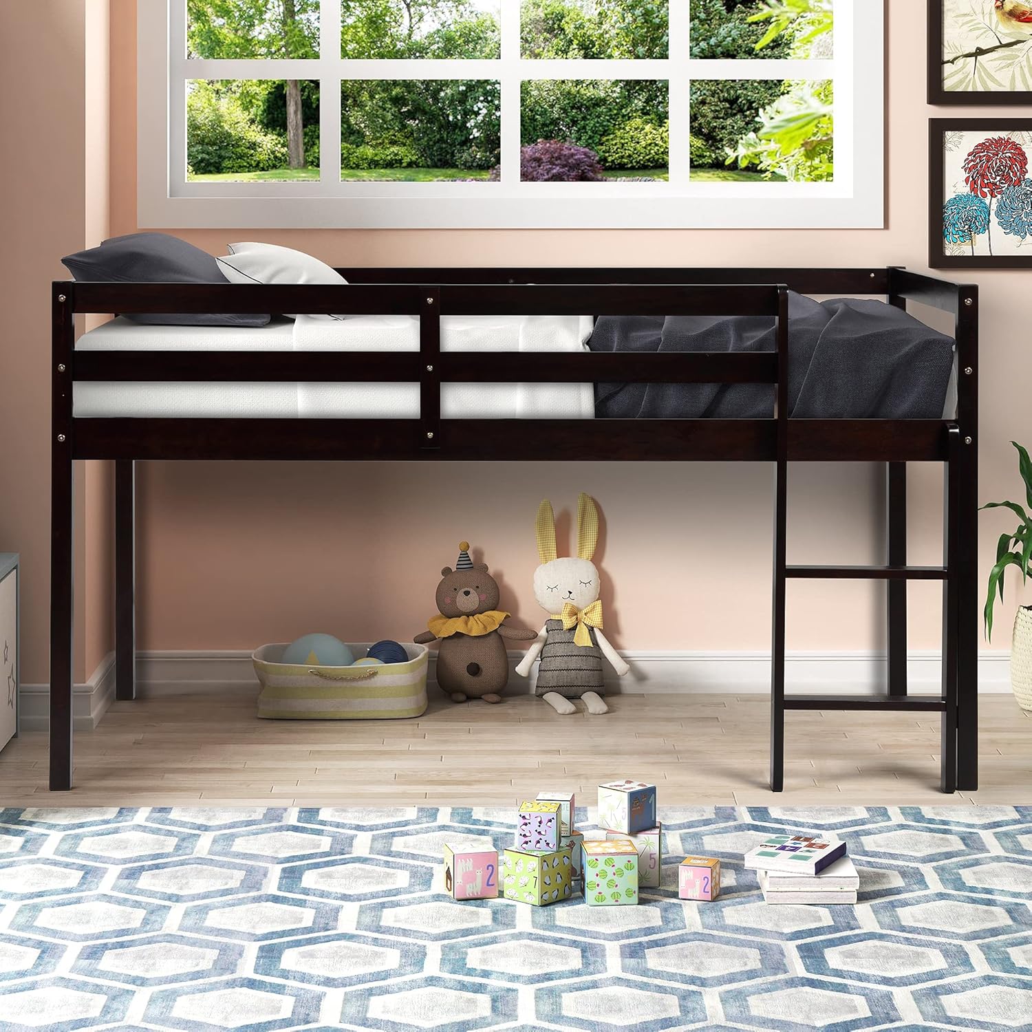 Rhomtree Twin Size Wood Loft Bed with Ladder Low Bunk Bed for Teens Kids Boys Girls Bedroom Furniture (Espresso)