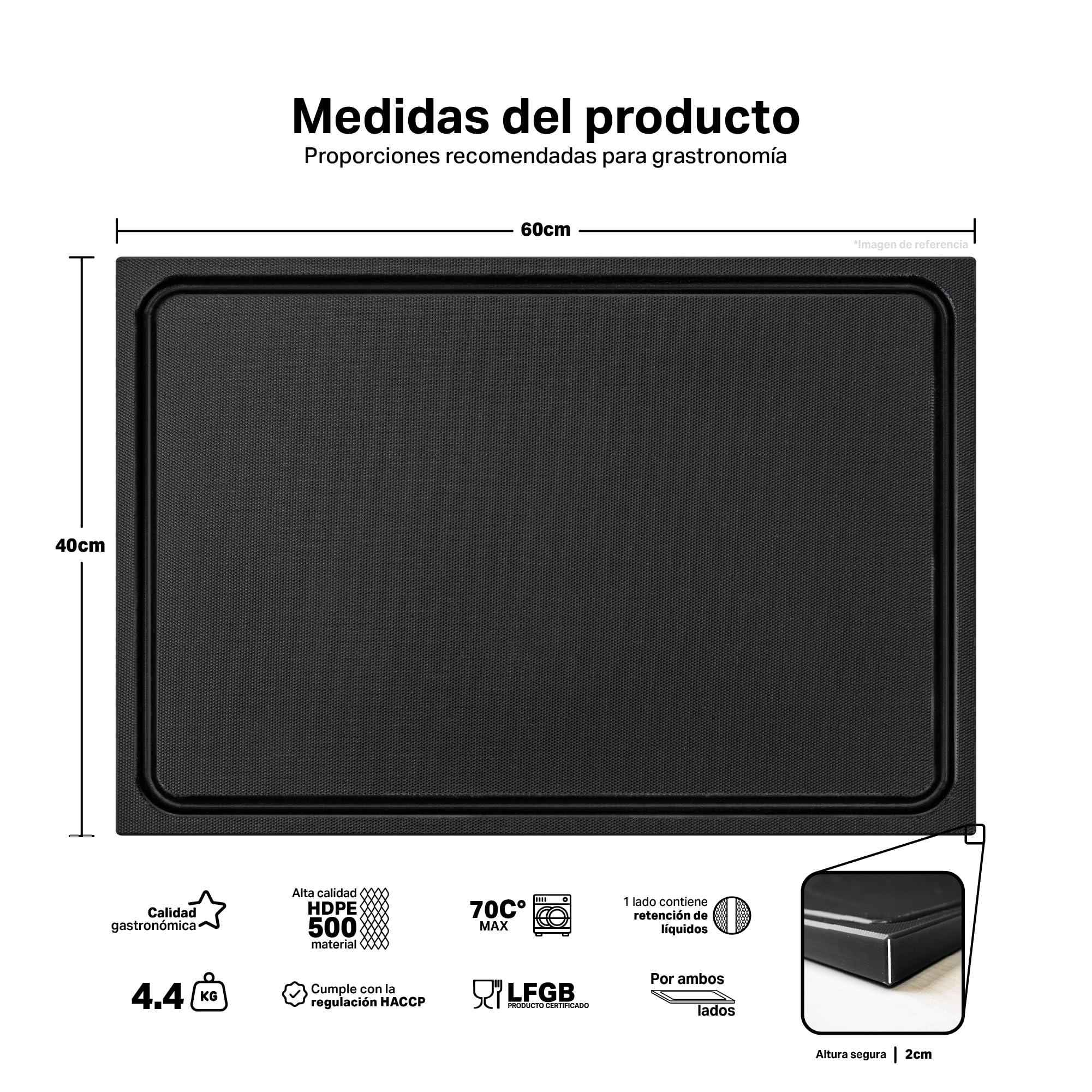 Tabla de cortar negra 60 x 40 x 2 cm de plástico con canal para jugos - Extra gruesa - Apta para lavavajillas - Ideal para barbacoa y bar - Tabla de cocina profesional