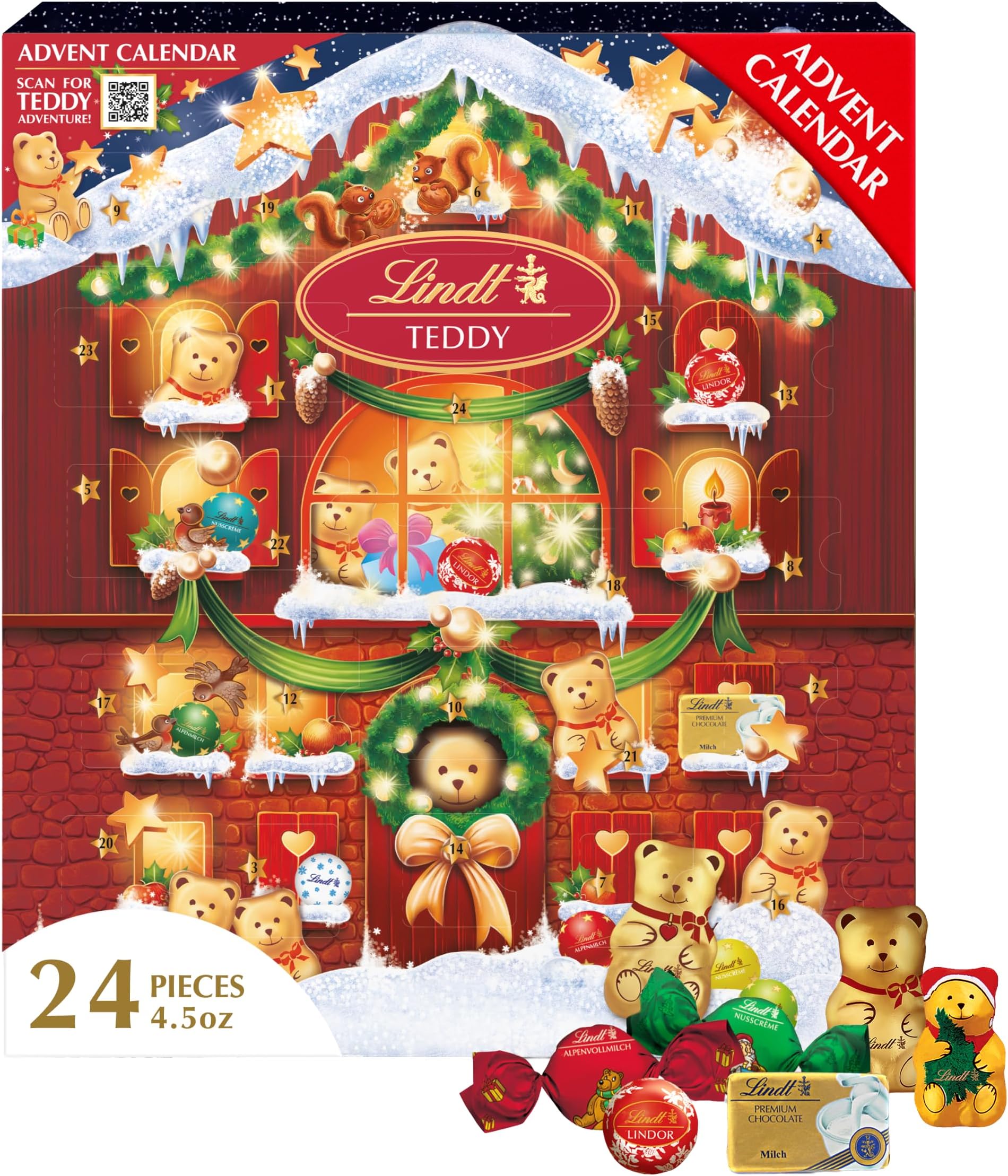 Lindt TEDDY Assorted Chocolate Candy Christmas Advent Calendar, 4.5 oz. Box