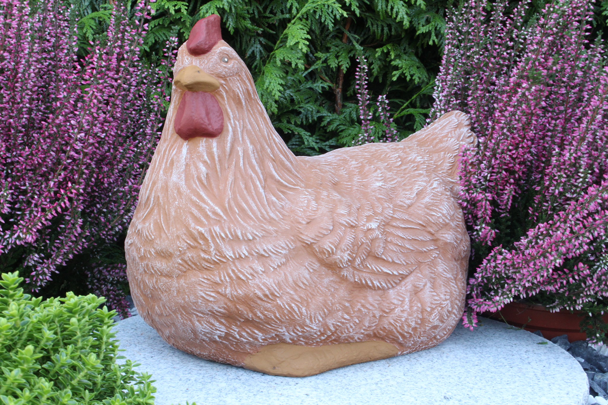 Steinfigur Huhn, Henne, Hahn 2er Set 135/3, 180/3 Gartenfigur Steinguss Tierfigur Terrakaotta Patina
