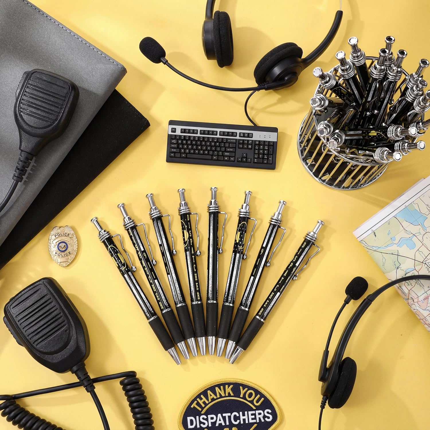 Sayglossy 100 Pcs Telecommunicator Week Gifts 911 Dispatcher Accessories Ballpoint Pens Yellow Headset Retractable Pens Telecommunicator Week Decorations for Coworker Employee Staff Team
