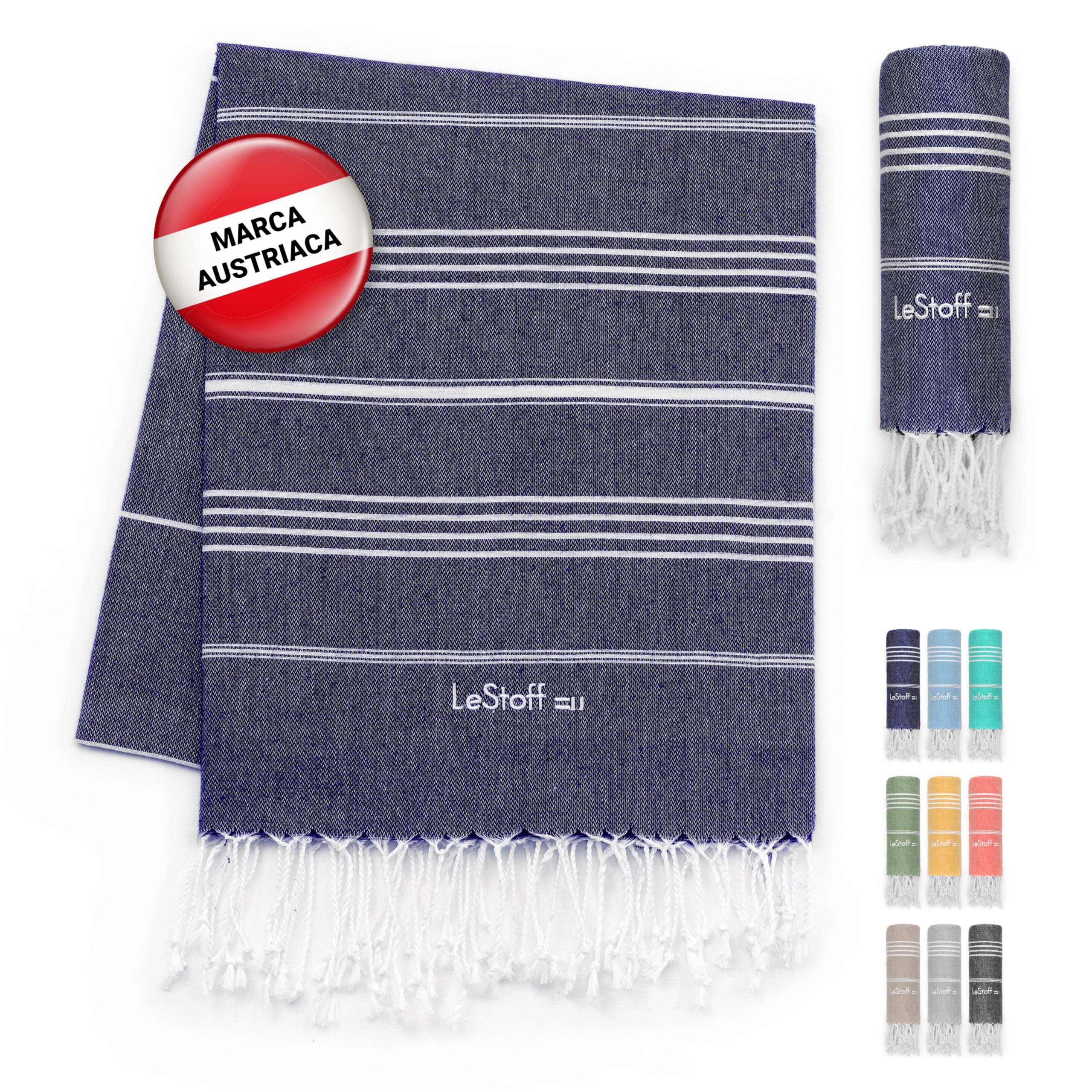 LeStoff Fouta Premium – 100% algodón orgánico - Prelavado, sostenible, Absorbente y de Secado rápido - Toalla de Playa, baño, Ducha, Yoga, Sauna, Piscina y Viaje (200 x 200 cm Navy) | Toalla de playa para yoga, camping y viaje - antiarena, prelavado, lige