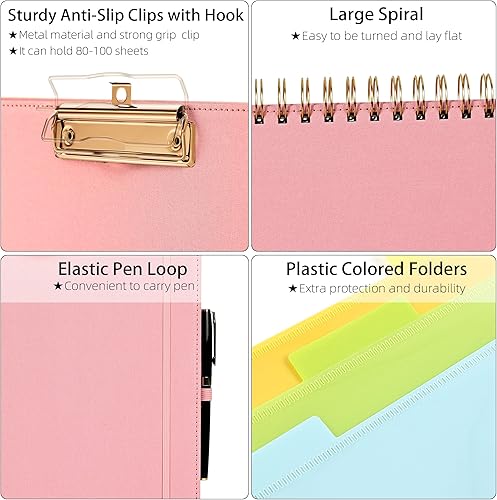 Miniatura 4 de Ospelelf Portapapeles en espiral plegable rosa con bolsa de almacenamiento con cremallera, 5 carpetas de plástico con 10 bolsillos, bloc de notas