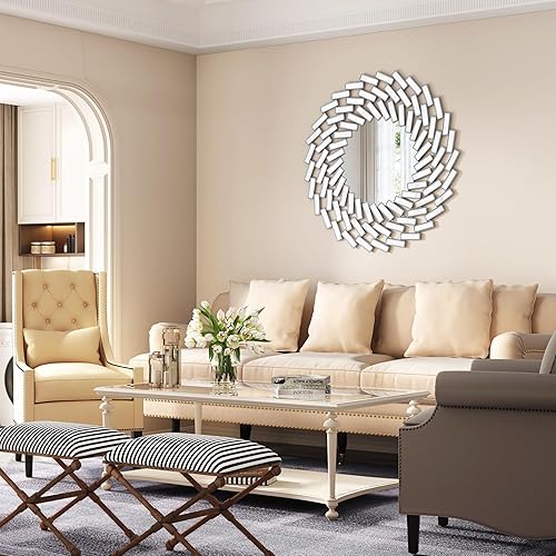 Miniatura 3 de NXHOME Espejo de pared decorativo plateado de 31.5 x 31.5 pulgadas, diseño veneciano griego, grande, redondo, abstracto, espejo de pared para sala