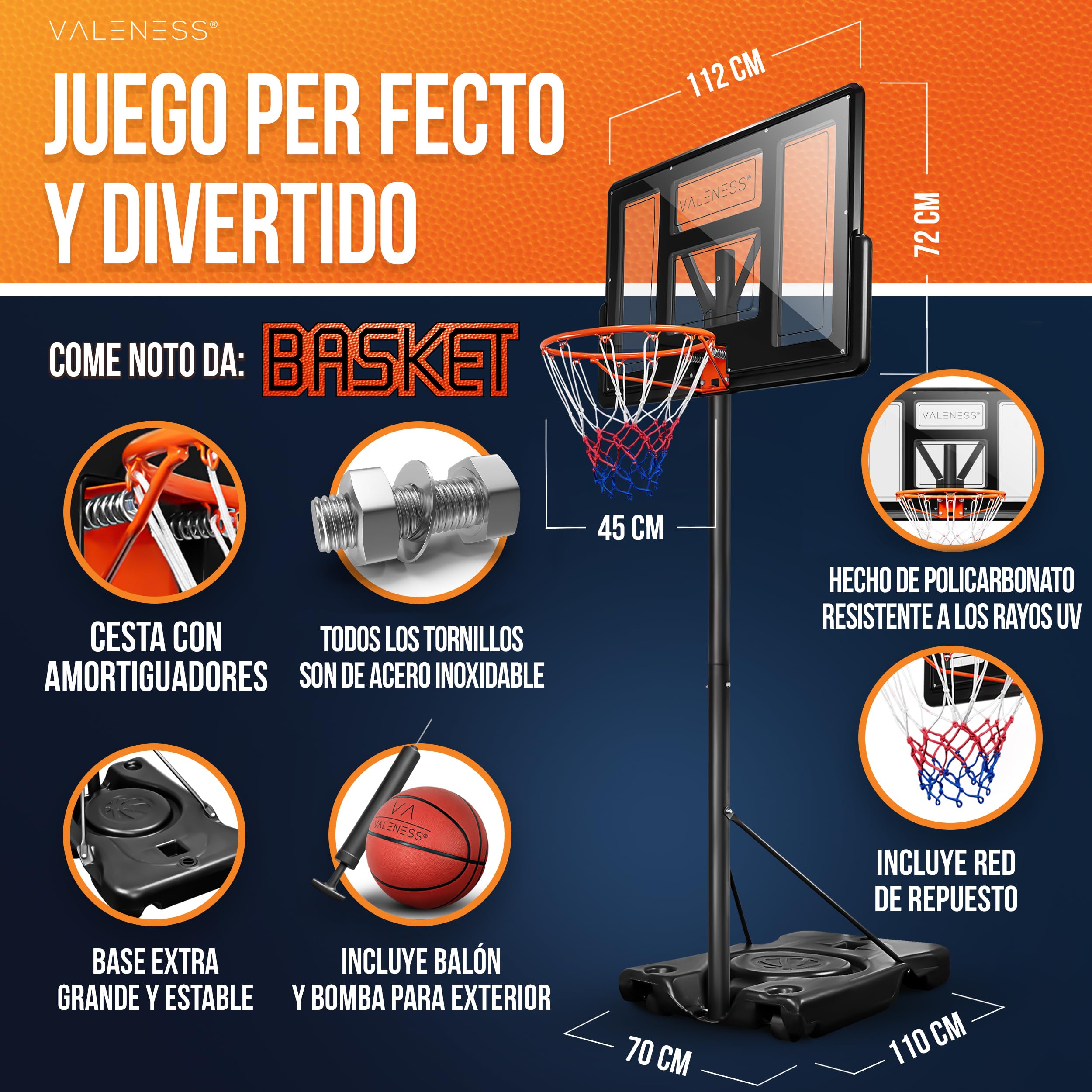 Aro de Baloncesto para Exterior - Soporte Ajustable en Altura [135 a 305 cm] y Resistente a la Intemperie - Aro Profesional con balón y Bomba para niños y Adultos (Profesional 135–305 cm)