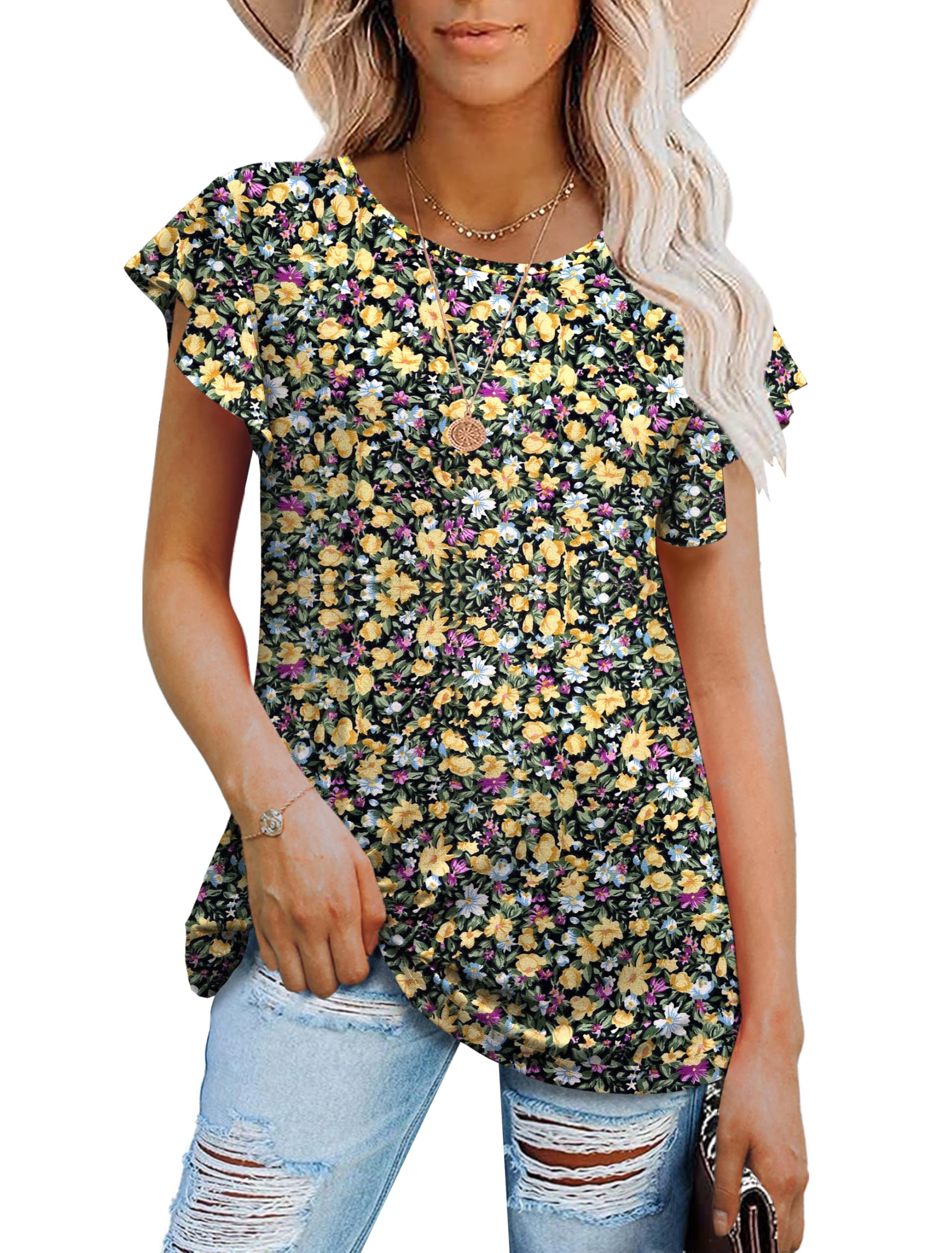 PrinStory Women's Tops Summer Casual Ruffle Short Sleeves Knit Shirts Round Neck Tunic Top For Women 2024 Fashion Trend