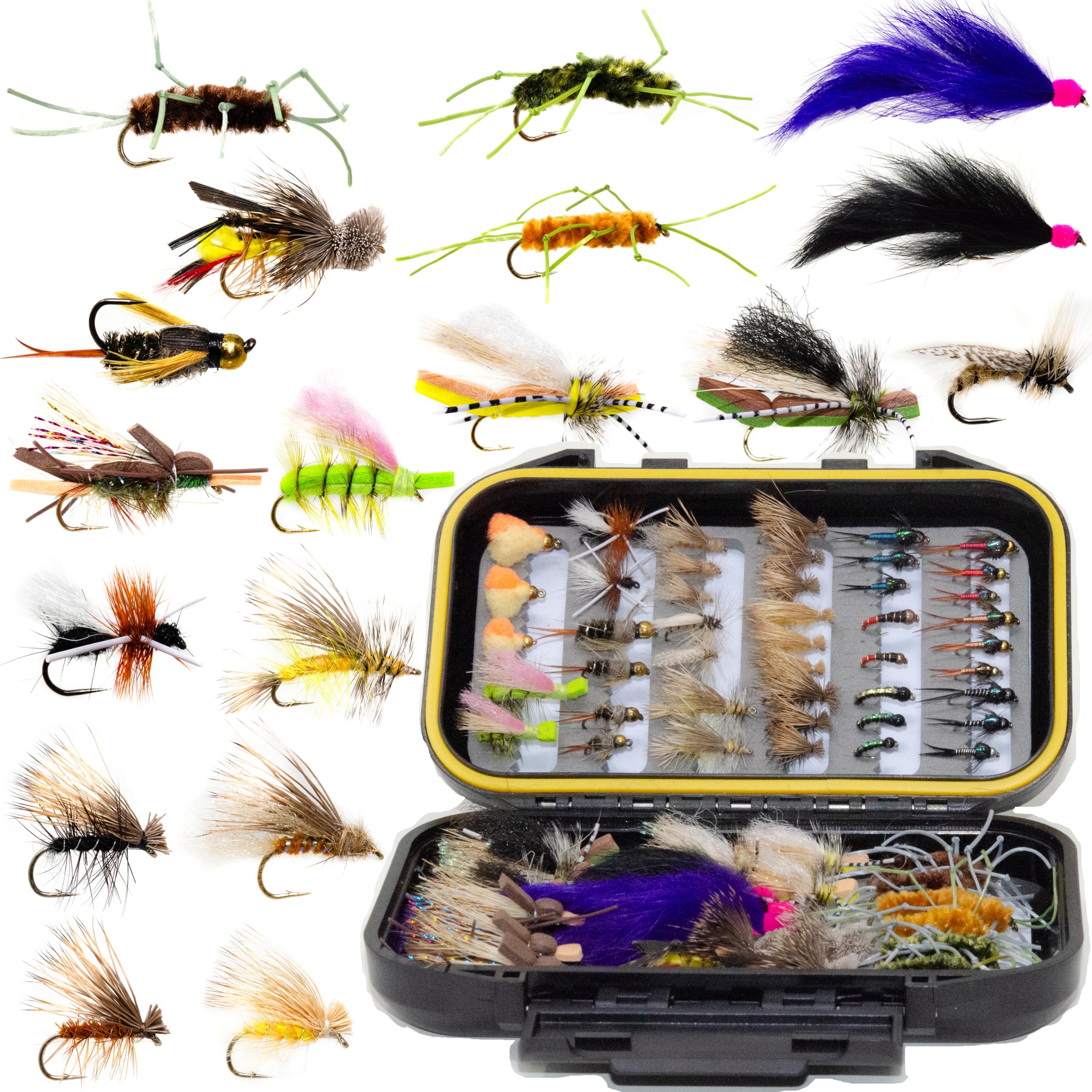 66 Premium Hand Tied Fly Fishing Flies Assortment | Fly Boxes Included | Dry, Wet, Nymphs, Streamers, Wooly Buggers, Terrestrials | Trout, Bass Lure Set, Kit, Gift — image 1