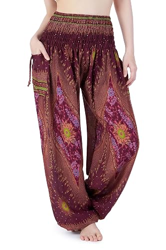 Lannaclothesdesign Harem Pants Women Plus Size Boho Clothes Hippie Costume - Medium - Burgundy Flower Eye