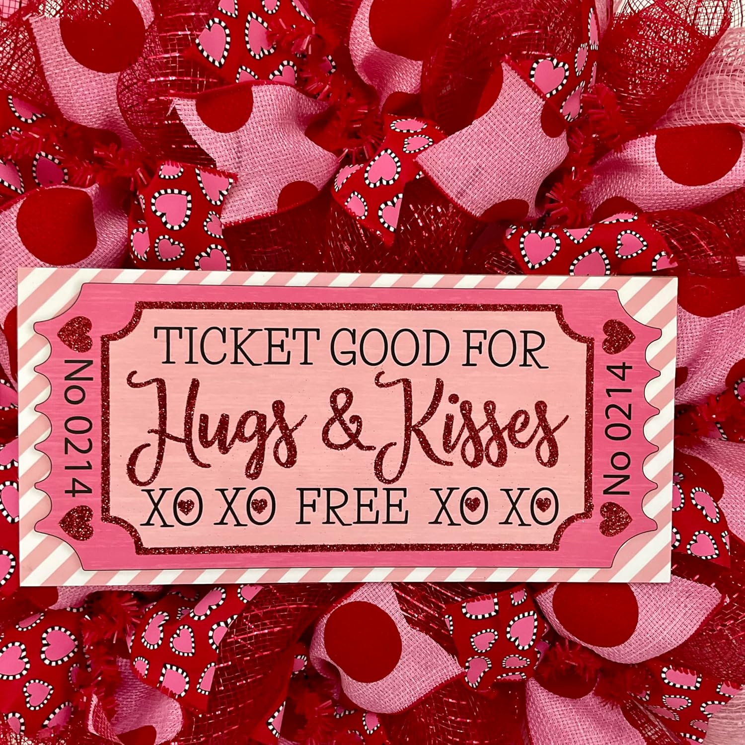Luxury Handmade Valentine's Day Deco Mesh Wreath – “Ticket Good for Hugs and Kisses” Front Door Decor, 24" or 28"