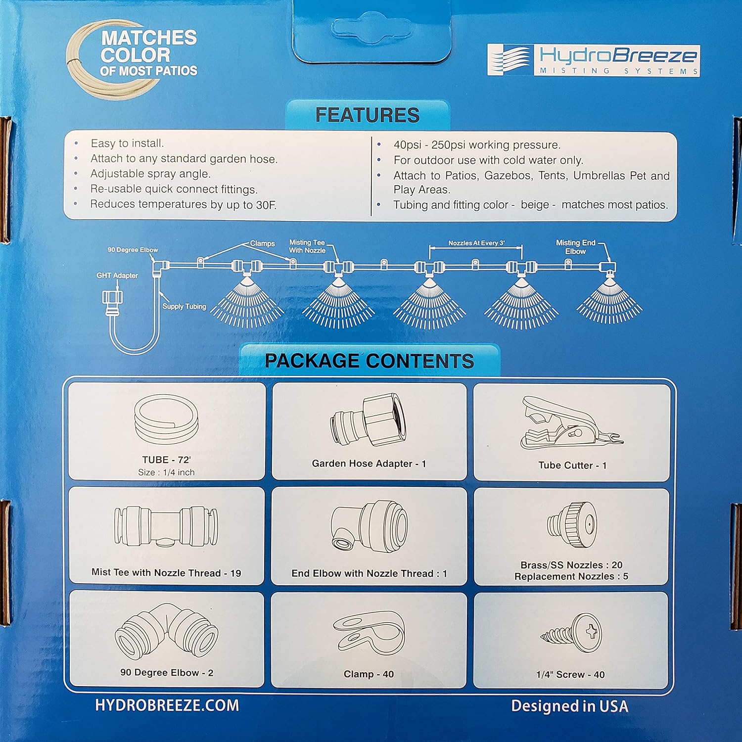 Outdoor Cooling System - DIY Patio Mister - Premium Misting Nozzles - 72 Ft 1/4'' Beige Tubing - 20 Nozzles System - Ideal for Patio Misting, Drip Irrigation